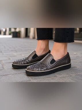 Bottega Veneta metallic grey slip-on sneakers